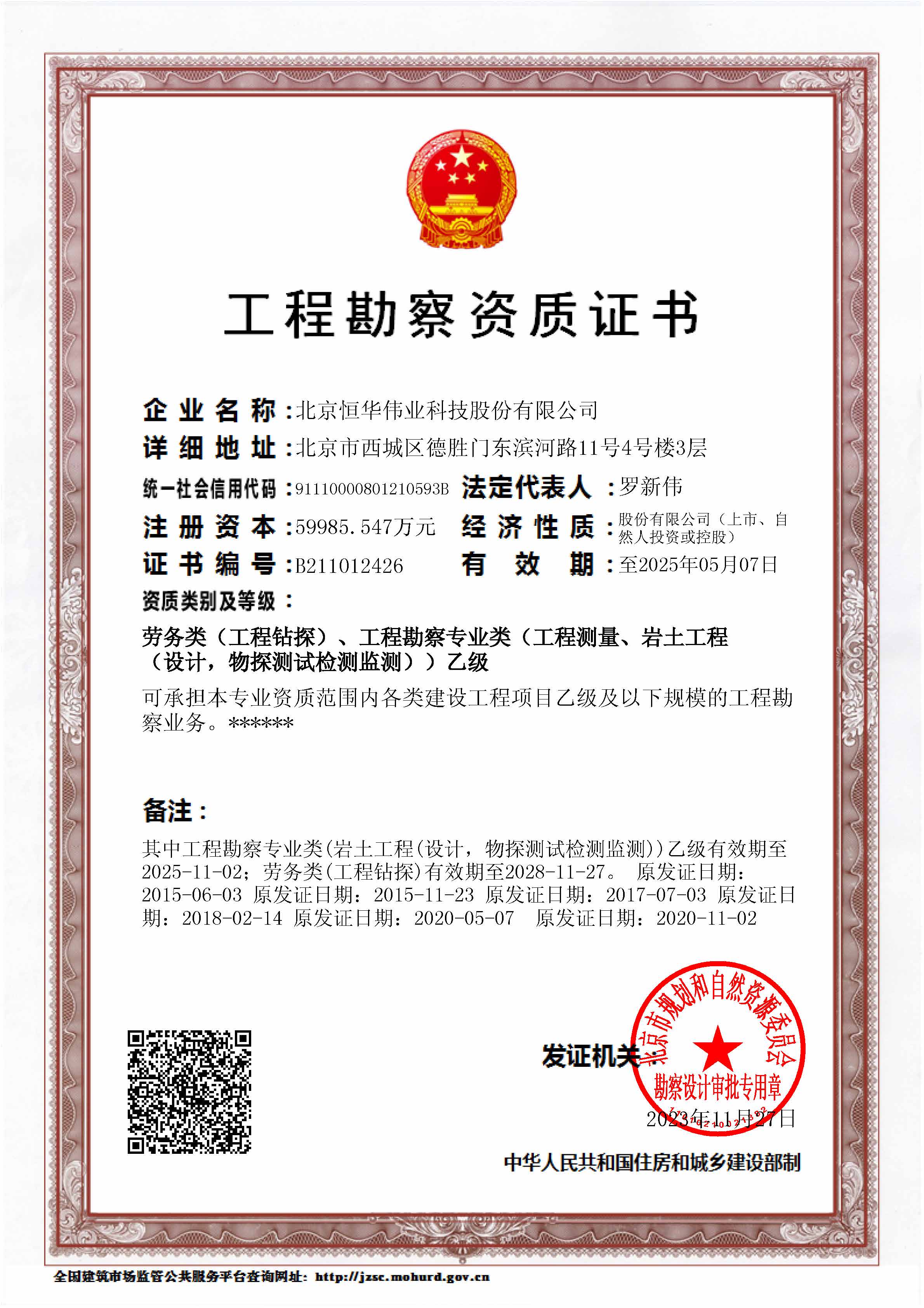 工(gōng)程勘察乙級（工(gōng)程鑽探、岩土工(gōng)程、工(gōng)程測量）